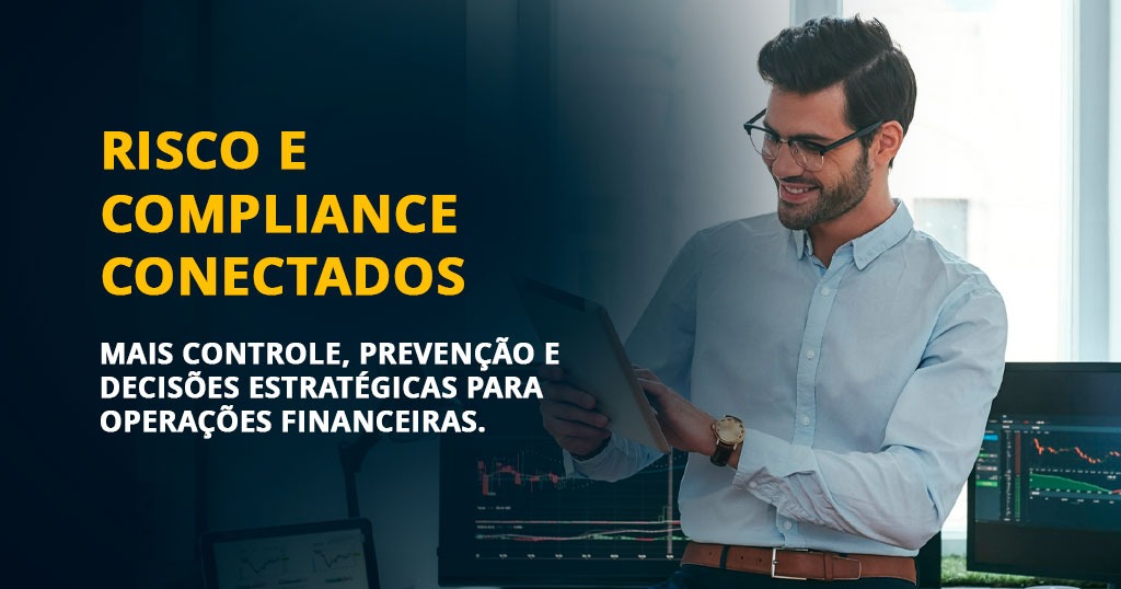 Equipe financeira analisando dados de compliance e gestão de risco em ambiente corporativo com dashboards e monitoramento operacional.