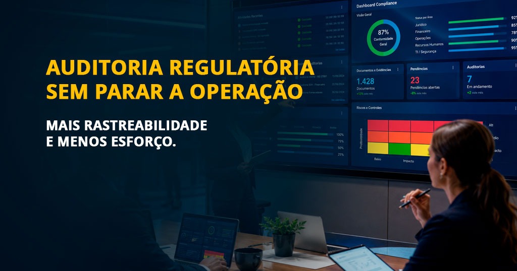 Profissional analisando painéis de compliance e documentos digitais em ambiente corporativo, representando rastreabilidade, centralização de informações, governança e automação de auditorias regulatórias.