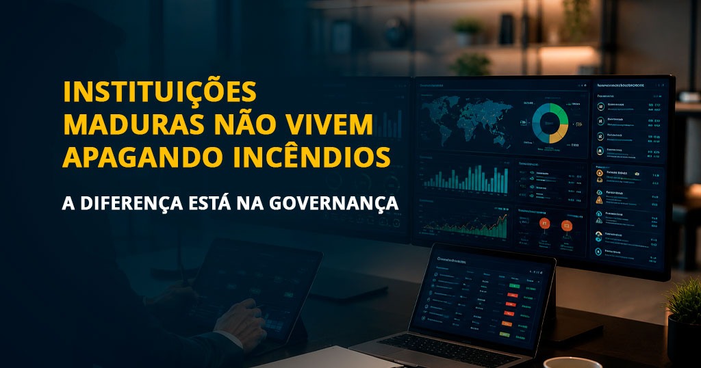 Equipe de profissionais do setor financeiro analisando indicadores de governança, gestão de riscos e compliance em uma plataforma integrada para tomada de decisões estratégicas.