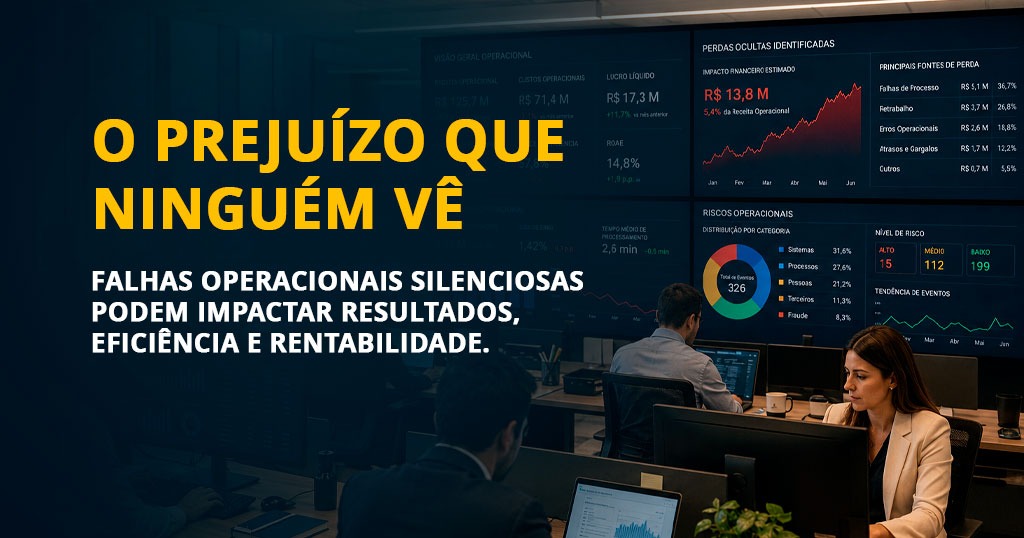 Gestor de instituição financeira analisando indicadores operacionais e financeiros em dashboard corporativo, identificando perdas ocultas causadas por ineficiências, falhas de processo e riscos operacionais.
