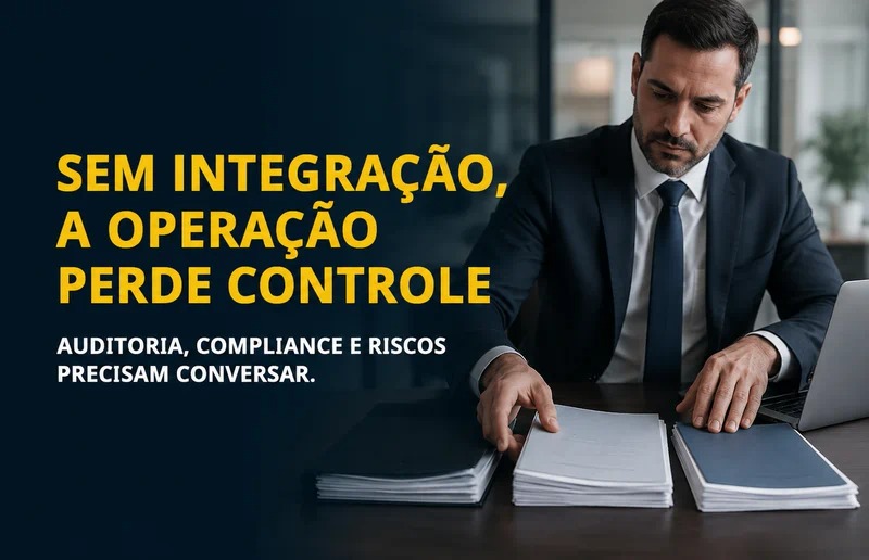 Profissional integrando documentos de auditoria, compliance e gestão de riscos para obter uma visão única da operação.