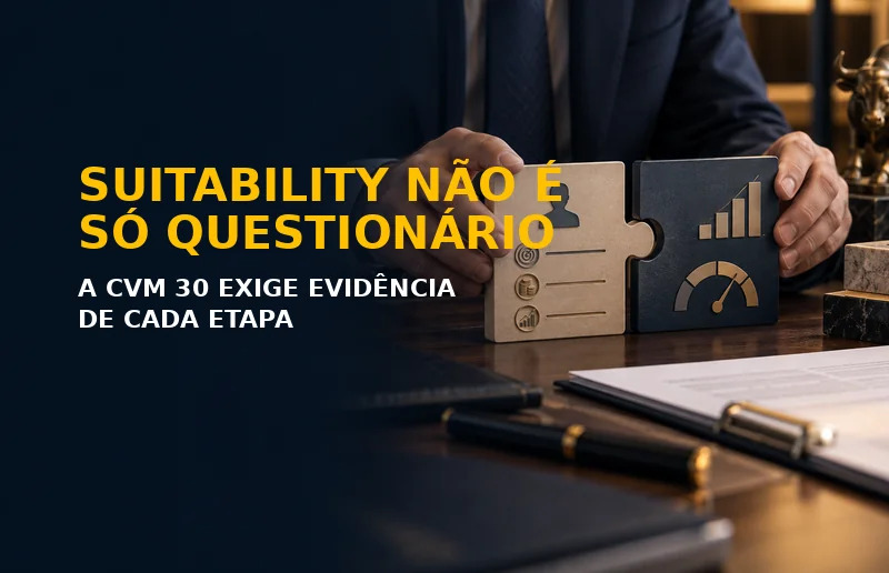 Profissional encaixando peças que representam o perfil do investidor e o nível de risco para documentar o suitability conforme a Resolução CVM 30
