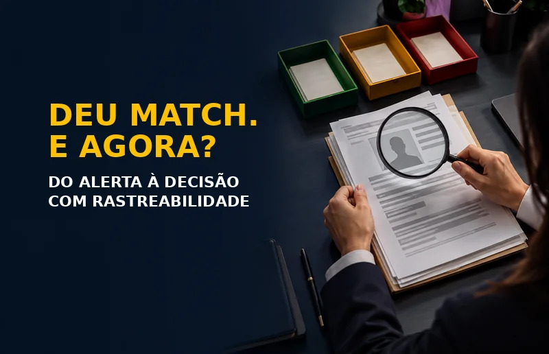 Profissional analisando cadastro com lupa durante a triagem em listas restritivas para uma decisão de compliance rastreável