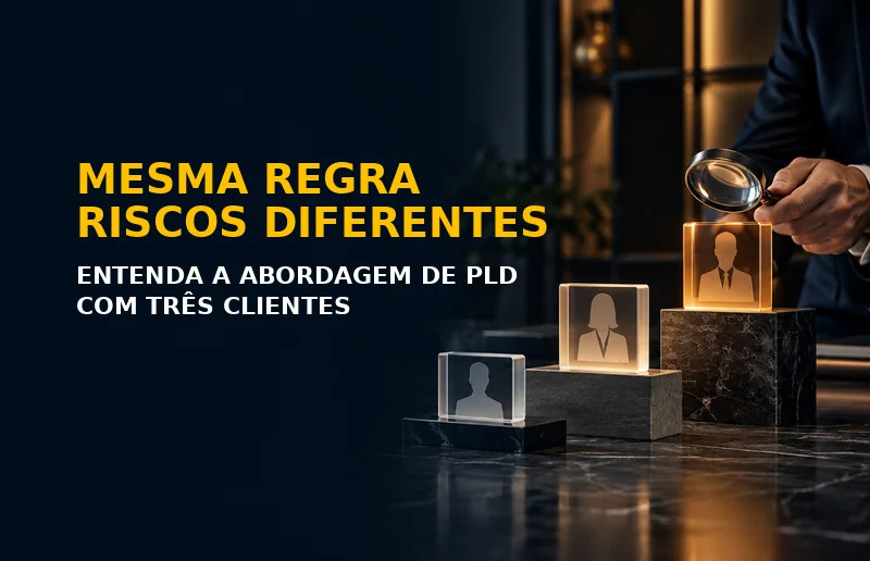 Profissional comparando três perfis de clientes com diferentes níveis de risco em uma abordagem de PLD